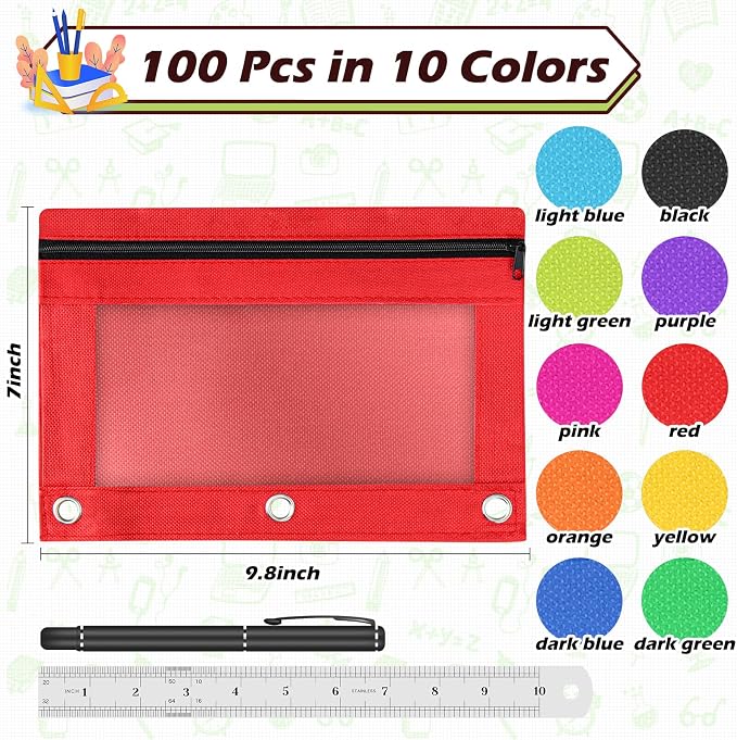 Pencil Pouch for 3 Ring Binder, 100 Piece Bulk 3 Holes Zipper Pencil Pouches in 10 Assorted Colors, Clear Durable Pencil Case for School, Classroom, Office Supplies