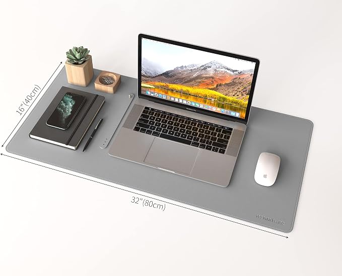 RENMTURE Dual-Sided Mouse Pad, Natural Cork & PU Leather Large Desk Pad for Office and Home Work, Desk Protector Non-Slip, Waterproof, Easy Clean (Gray, 32"x16")