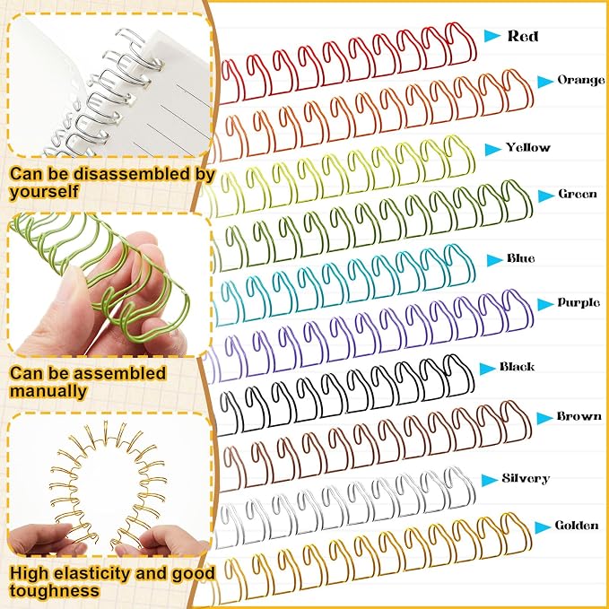 100 Pcs Metal Double Loop Binding Wires 9/16 Bulk Cinch Binding Wires Double Spiral Ring Coil 10 Colors Twin Spines Combs 23 Holes 2: 1 Pitch Cinch Coil Machine Wire