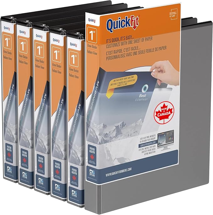 QuickFit View Binder, 3-Ring Binder for School or Office, D Ring, Black, 6 Pack, 1 Inch