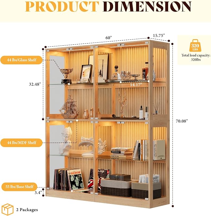 AMERLIFE 60-Inch RGB Display Cabinet with Glass Shelves | 70 H x 60 W x 16 D In, 4-Tier Storage, RGB LED Lights, Press-to-Open Doors, for Collectibles, Wood-Grain Slatted Finish