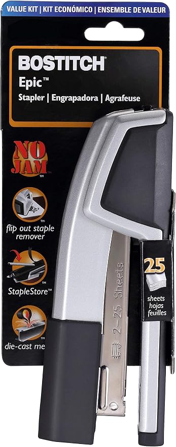 Bostitch Office Epic Metal Desk Stapler, 25 Sheet, Staple Remover, Silver