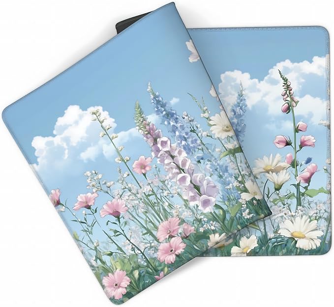 Cute Floral Aesthetic Wildflower Gaming Mouse Pad, Sky Blue Anime Desk Mat with Anti-Slip Base & Stitched Edges,35.4" x 15.7" in Desk Accessories for Women, Home Office Decor & Artistic Gift