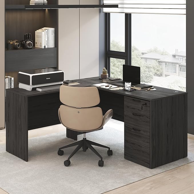 Furinno Roger Computer Desk, 60 Inch Rectangular Executive Desk with Modesty Panel, Home Office Desk with Thick Tabletop, Desk Cord Grommet, Scratchproof, for Home Study, Office, Coastal Grey