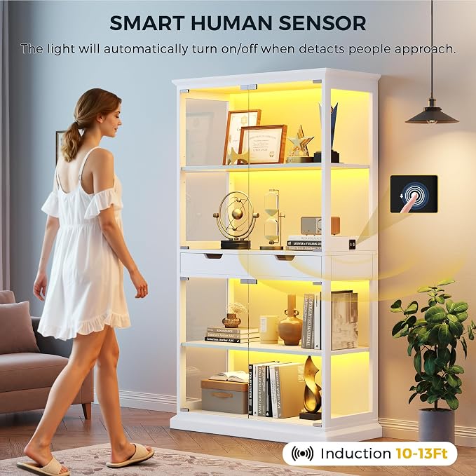 Jocoevol Display Cabinet with Glass Doors, 4-Tier Curio Cabinet with with 2 Drawers for Collectibles, Modern Glass Display Case Human Body Sensor & RGB Lights for Living/Game Room (White)