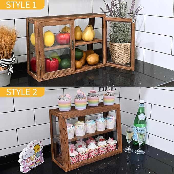 MOOCA Wood 4 Sides Glass Display Case with Double Doors, Adjustable Shelf | Brown wood-and-glass display case with double doors and adjustable 2-level storage for collectibles, jewelry, or pastries.