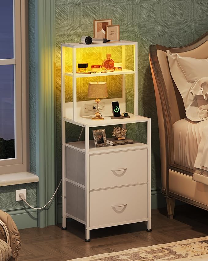 WLIVE Nightstand Set of 2 with Charging Station, LED Night Stands with 2 Fabric Drawers and 4 Storage Open Shelves, Bedside Table for Bedroom, White