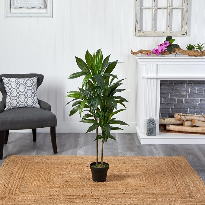Nearly Natural 48 in Artificial Dracaena Real Touch Plant with Pot | Multi-Tonal Trunks, Large Indoor Silk Plant, Maintenance-Free, Living Room and Home Office Decor