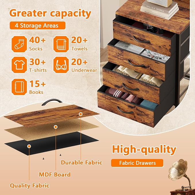 Night Stand with Charger Station, 4 Fabric Drawers and LED Lights | 38'' Tall Bedside Table with Storage Shelf for Bedroom, Office, Metal Frame, Wood Shelves, Rustic Brown Nightstand