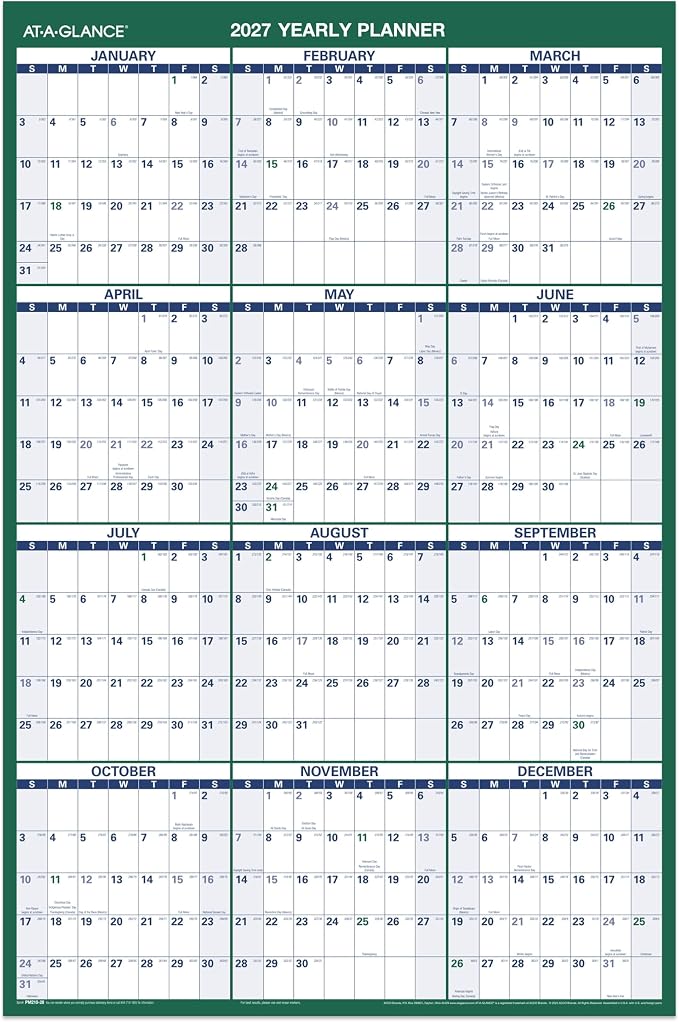 AT-A-GLANCE 2027 Erasable Calendar, Dry Erase Wall Planner, 24" x 36", Vertical, Reversible (PM2102827)