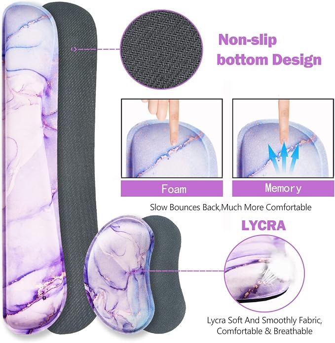 Large Gaming Mouse Pad, Keyboard Wrist Rest Pad & Wrist Support Mousepad Set, Stitched Edge, Extended, Non-Slip Base, Memory Foam,Multifunctional Desk Mat for Office & Home, Purple Blue Marble