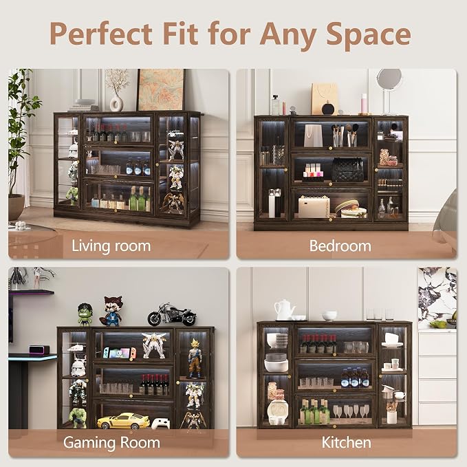 Display Cabinet with Acrylic Glass Doors,Extra Wide Curio Cabinet with LED Lighting for Collectibles, Collectibles Toy Organizers Rack & Display Shelf Display Case, Walnut