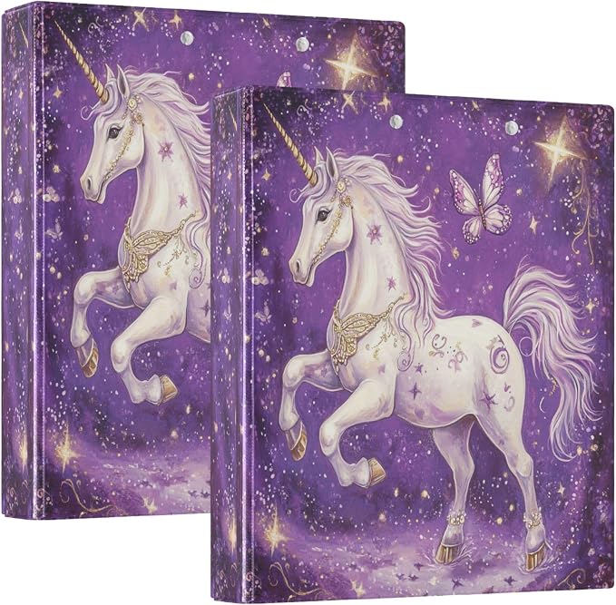 Dream Unicorn Butterfly Round Ring Binders 1.5 Inch Purple Horse Fairy Tale Style 3 Ring Clipboard Binder for Office School Work Supplies File Folder Document 200 Sheet Capacity Easy Open 2 Pieces