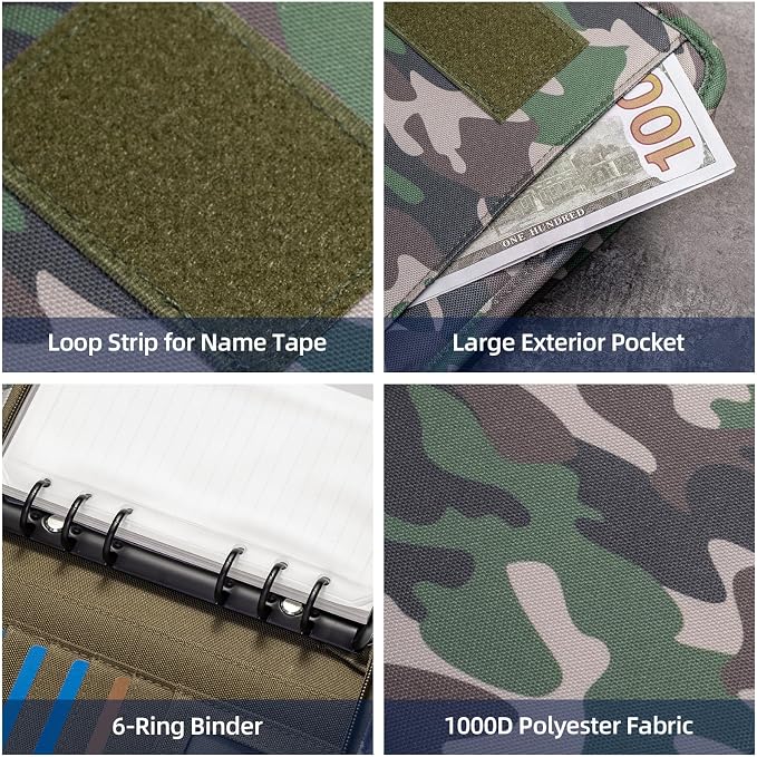 Kosibate Padfolio Ring Binder with 45 Sheets 90 Pages of Loose-Leaf Paper, Weatherproof Notebook Cover, Tactical Notebook with Zippered for Folders, Business Cards Refillable 6-Ring Notepad(5.5"x8.5")