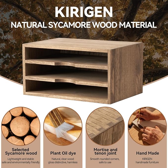 KIRIGEN Wooden Desk Organizer 3-Tier Letter Tray and Paper Sorter, Brown | Solid Wood Paper Tray Document Holder Organizer for Letters, Files, Folders, Mail, Magazines and Office Supplies