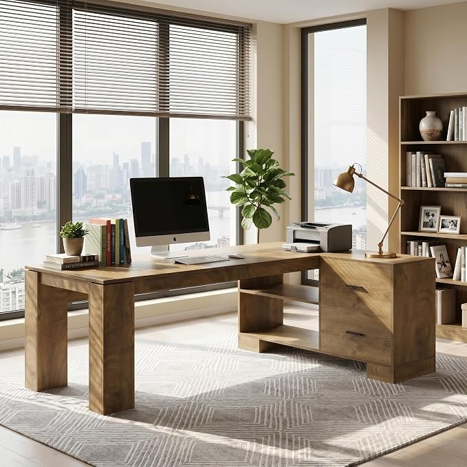 LITTLE TREE 78.7" L Shaped Office Desk with Drawers | Executive Computer Desk with Open Shelves Storage, Farmhouse Large Wooden L Desks Business Furniture, Brown