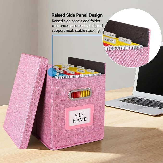 2 Pack Hanging File Folders Organizer with Lid, Letter Size Fabric File Storage Box Collapsible, Portable Office Document Holder with Metal Handle, Smooth PVC Rails, Pink