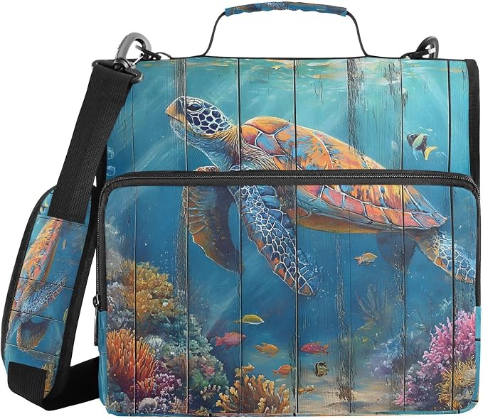 ALAZA Zipper Binder 3 Ring Turtle with Ocean Coral Binder Organizer with Zipper and Shoulder Strap Large Capacity Multi-Pocket Trapper Keeper File Folder for Office Supplies