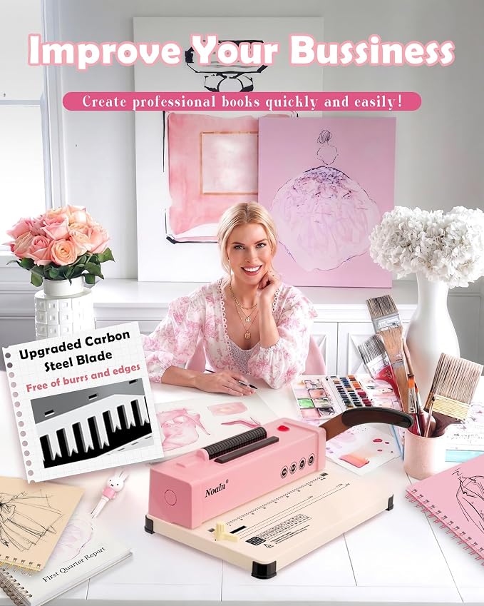 46-Hole Binding Machine Spiral Coil Binder Classic Pink,DIY Book Binder Kits with Electric Coil Inserter,100pcs Comb Binding Spines,for Letter Size/A4/A5 School Office Home