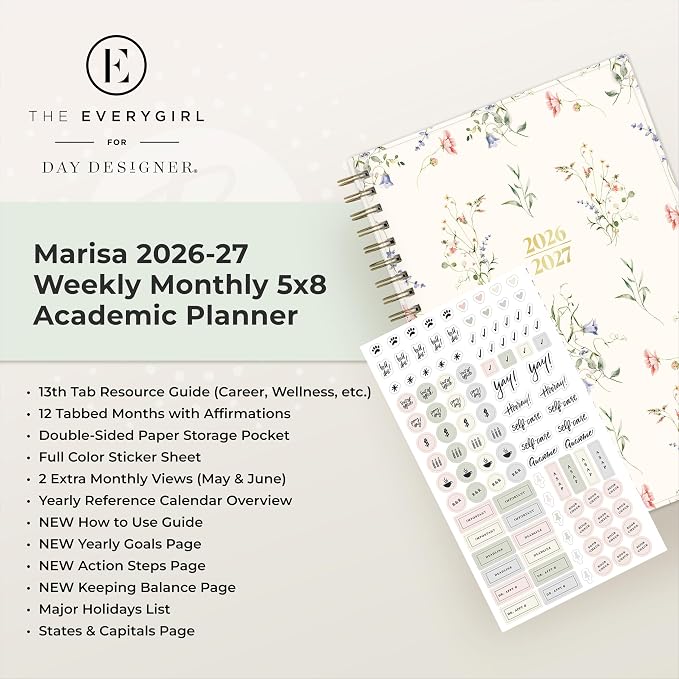 Blue Sky 2026-2027 Weekly & Monthly Academic Planner, 5"x8", Marisa