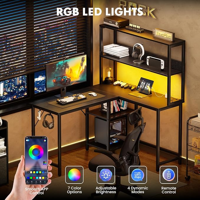 DUMOS L Shaped Desk, Gaming Desk, Power Outlet, 43 Inch | Reversible Corner Computer Table, Adjustable Shelf CPU Stand, Home Office Writing Table, LED, Black