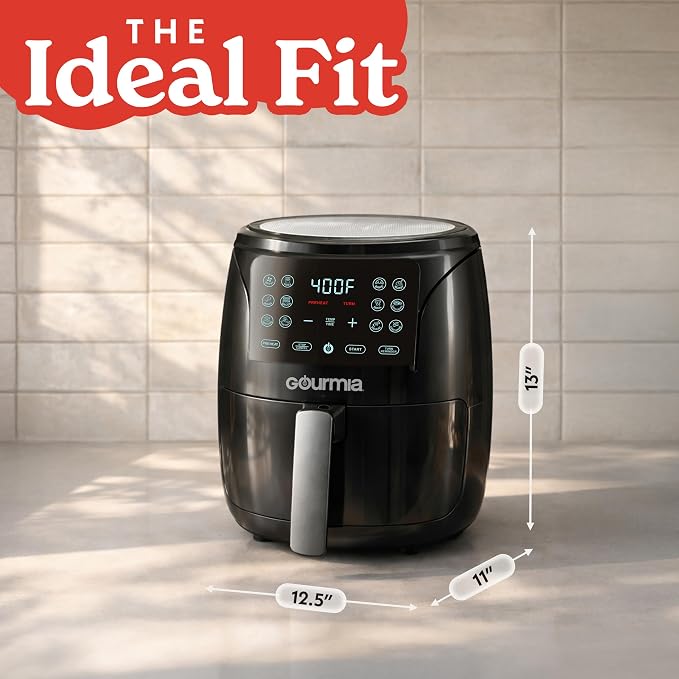 Gourmia Air Fryer - 4 Qt Capacity, FryForce360º, Digital Display with 8 Presets, Roast, Bake, Broil, Dehydrate, Dishwasher Safe Accessories, Compact, Black