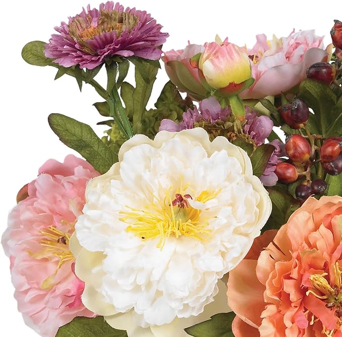 Nearly Natural 10 in Artificial Peony Arrangement in Glass Vase | Mixed Peony Faux Flower Blooms, Liquid Illusion Water in Glass Vase, Mini Table and Shelf Decor