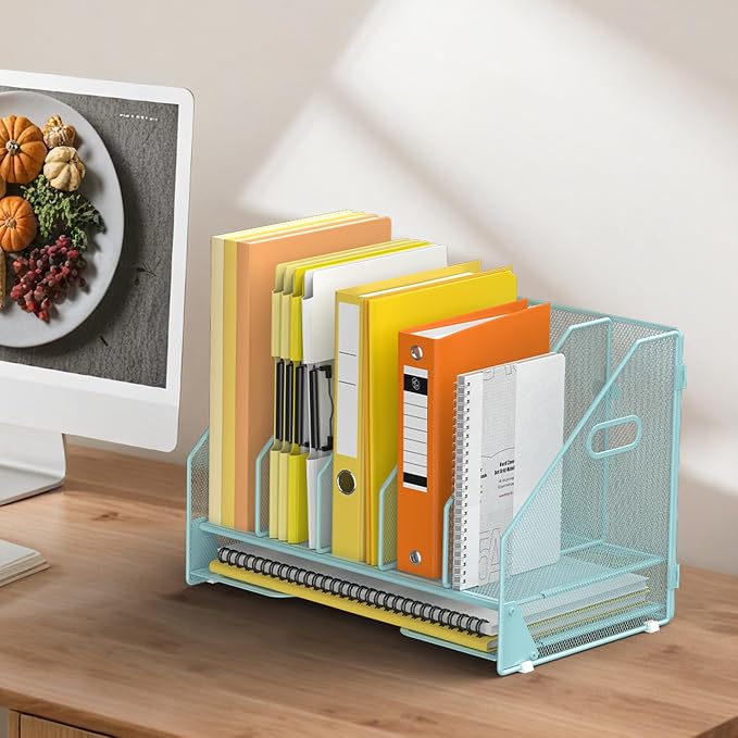 Docnest Mesh Desk File Organizer, 5 Vertical Compartment Box Sorter, Blue | Features 4 removable middle dividers for custom spacing and a bottom letter tray to hold paper, mail, and documents