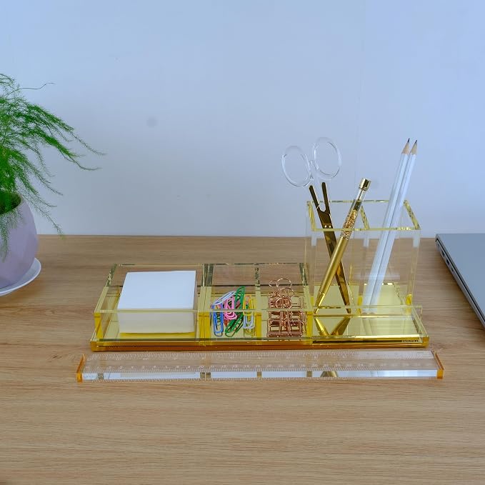 Acrylic Desk Organizer 4-Piece Desk Kit + Free Complimentary Acrylic Ruler, Desktop Organization for Office or Home (Gold)