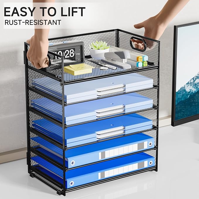 6-Tier Paper Organizer for Desk with Handle | Heavy Duty Metal File Organizer, Stackable Desktop Organizer for Office Supplies, Documents and Stationery Storage