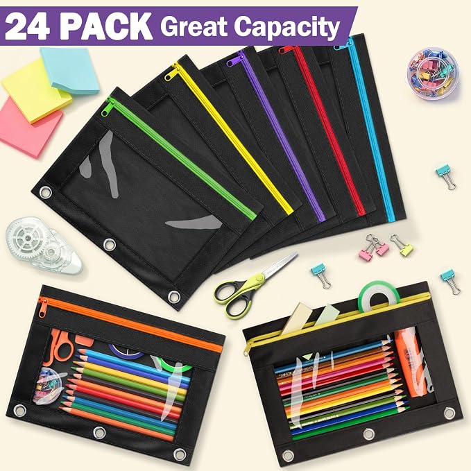 24 Pack Pencil Pouch for 3 Ring Binder, Featuring Colored Zippers & Transparent Windows, Multicolors Fabric Pencil Case Pouch Durable Zipper Pencil Bags in Bulk for Office School Supplies (6 Colors)