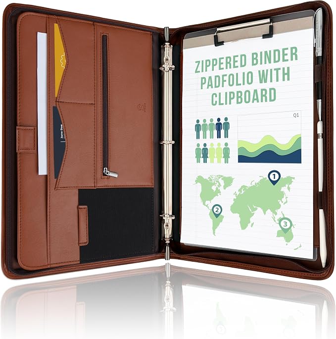 STYLIO Zipper Portfolio | Padfolio 3 Ring Binder (1") and Clipboard Folio (Removable) | Portfolio Organizer for Documents, Tablet, Phone |Faux Leather Binder for Men and Women | Tan (Brown) Color