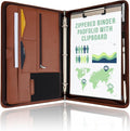 STYLIO Zipper Portfolio | Padfolio 3 Ring Binder (1") and Clipboard Folio (Removable) | Portfolio Organizer for Documents, Tablet, Phone |Faux Leather Binder for Men and Women | Tan (Brown) Color