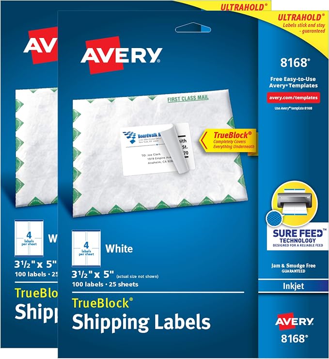 Avery Printable TrueBlock Shipping Labels, 3.5" x 5", Sure Feed, White, 2 Pack, 200 Labels Total (5640)