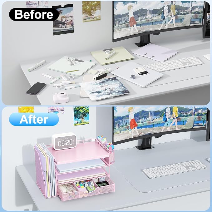 gianotter Wood Desk Organizers and Accessories with File Holder, 4-Tier Desk Accessories & Workspace Organizers with Drawer and 2 Pen Holder, Desk Reference Organizer (Pink, 4T with Metal Drawer)
