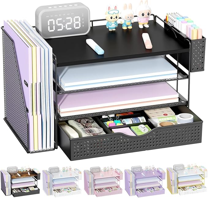 gianotter Wood Desk Organizers and Accessories with File Holder, 4-Tier Desk Accessories & Workspace Organizers with Drawer and Pen Holder, Desk Reference Organizer (Black, 4T with Drawer)