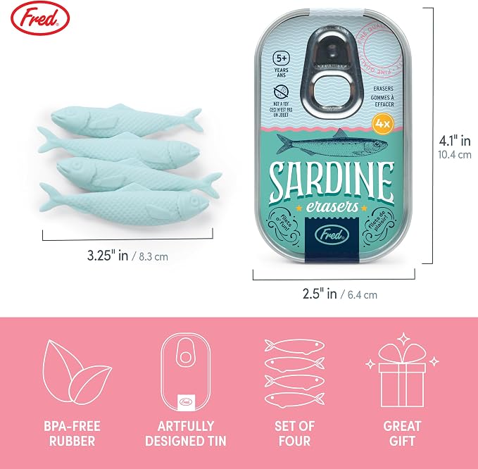 Genuine Fred Sardine ERASERS, Set of 4 Fish-Shaped Erasers, Quality Materials, Fun Desk Accessory, Packed in Charming, Well-Designed Sardine Tin, Perfect for School, Home, Office, and Gifts