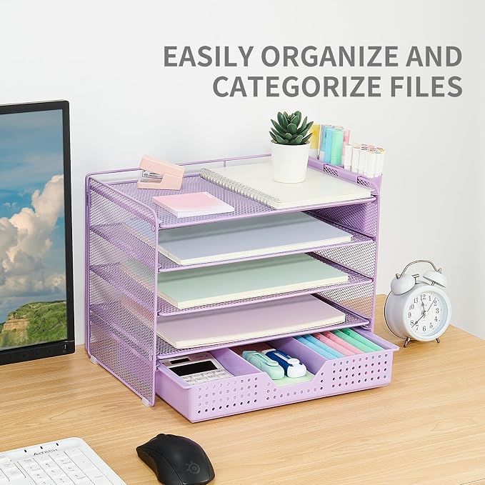 LEKETREE Desk Organizers and Accessories, 5-Tier Paper Letter Tray Organizer with Drawer & 2 Pen Holders, Desktop Organizer for Office Supplies (Purple)