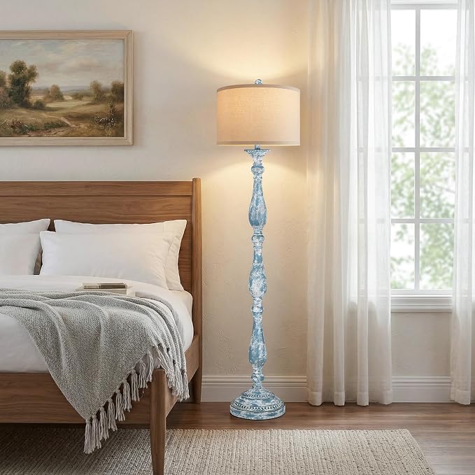 Vintage Floor Lamp for Living Room, Rustic Farmhouse Standing Lamp with Rotary Switch and Linen Shade, Retro Resin Floor Lamp for Bedroom, Corner, Dining Room, House Decor, Wash Blue