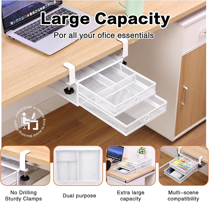 Under Desk Drawer, Clamp on Desk Organizer Slide Out Table Storage No Drill | 2Tier Under desk drawer: clamp on desk organizer, under desk drawer slide out, hanging desk organizer, no drill table storage