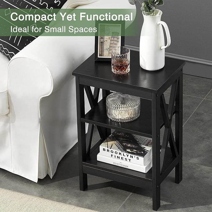 VECELO End Table Set of 2, Bedside Table, 24" Tall Living Room End Tables, X-Design Reinforced Nightstands, Side Table with 3-Tier Storage Shelves for Small Spaces, Office, Bathroom, Bedroom, Black