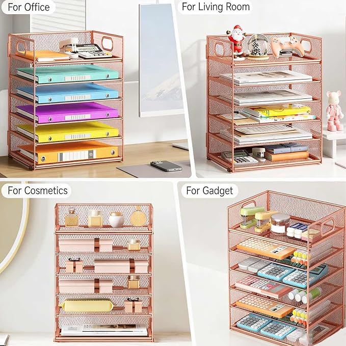 6 Tiers Letter Tray Paper Organizer with Handle, Mesh Desk File Organizer, Metal Desktop Document Shelf Organization, Paper Sorter Organizer for Office, Home or School File Folder Holder (Rose Gold)