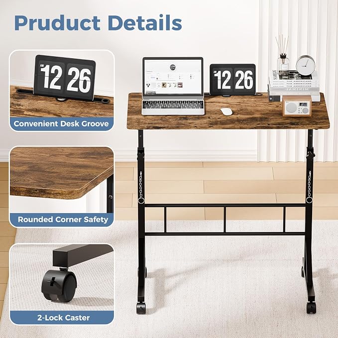 DUMOS 31.5" Walking Pad Desk, Laptop Desk, Home Office | Lockable Wheels, Adjustable Height, Portable Rolling Design, Treadmill Use, Stand Up Style, Rustic Brown