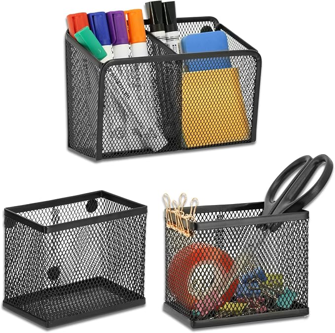 Neudeco Magnetic Locker Organizer, Set of 3, Black | Mesh Pencil Holder & Storage Basket, For Locker, Whiteboard & Refrigerator, Strong Magnet, School Supply Organizer