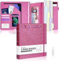 Ospelelf Glitter Leather Clipboard Binder 1 Inch, Magnetic Clipboard Folio Organizer with 5 Pocket Dividers & Zipper Pouch, Cute 3 Ring Document Organizer Binder for Office, Glitter Pink