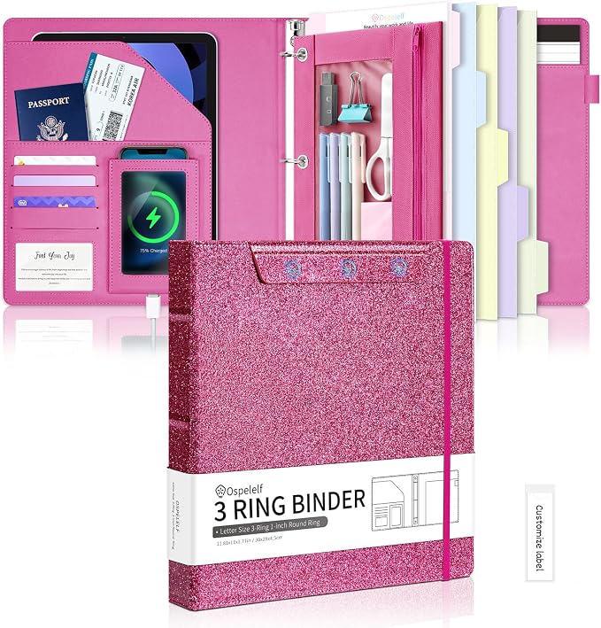 Ospelelf Glitter Leather Clipboard Binder 1 Inch, Magnetic Clipboard Folio Organizer with 5 Pocket Dividers & Zipper Pouch, Cute 3 Ring Document Organizer Binder for Office, Glitter Pink
