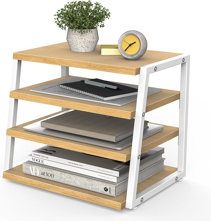 Fenge Desk Shelf Organizer, 4-Tier Tower Desktop Office Shelves, Oak | Wood and Metal Open Shelf, Corner File Organizer for Office Supplies, Top of Desk Organizers and Accessories