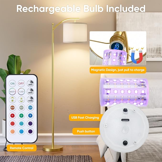 Battery Operated Floor Lamp, RGB Dimmable Cordless Standing Lamp with Remote Control for Living Room, Tall Floor Lamp for Bedroom -Gold