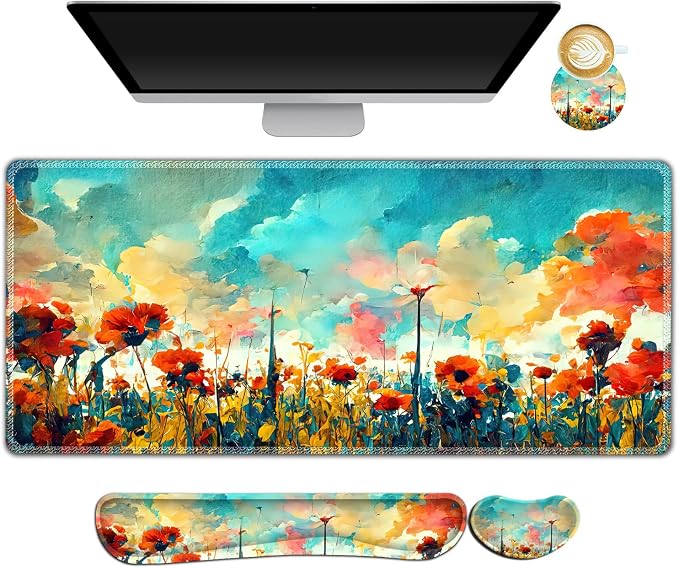 Gaming Mouse Pad Wrist Support Set, XXL Large Desk Mat Mousepad + Keyboard Wrist Support+ Mouse Wrist Rest+Coaster 4in1 Ergonomic, Stitched Edge for Home Office -Oil Painting Flowers Plants