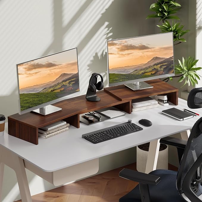 FITUEYES Dual Monitor Stand Riser, Adjustable Length and Angle, Brown | Wooden 3-Shelf Design, Supports up to 55lbs, Flexible for Standard Corner Space, Holds Monitor, Laptop, Phone, Printer